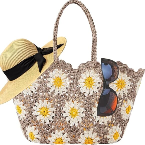 Neiman Marcus Beige Floral Daisy Knitted Beach Straw Tote Bag - Picture 6 of 6